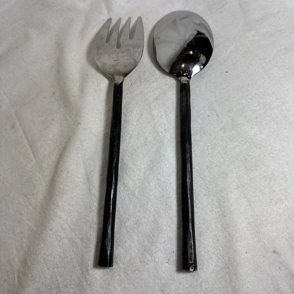 Raw Steel Forged Black Silverware Viking Medieval Hammered Salad Set 11.5